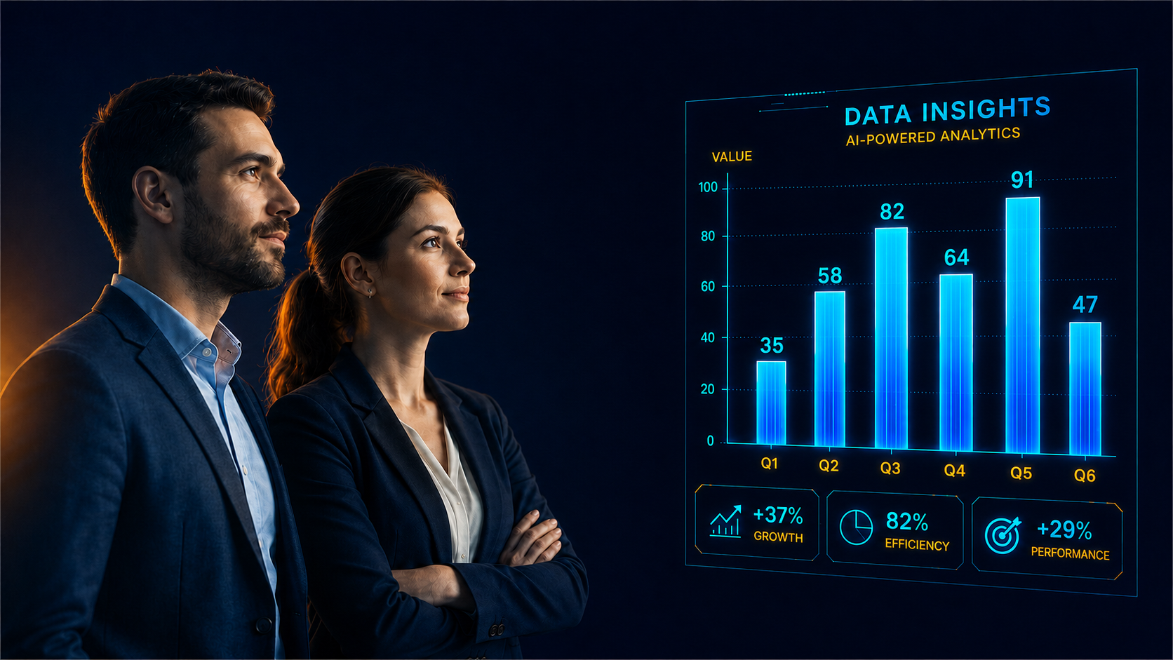 Two colleagues review a Data Insights report showing quarterly values and KPI cards for growth, efficiency, and performance